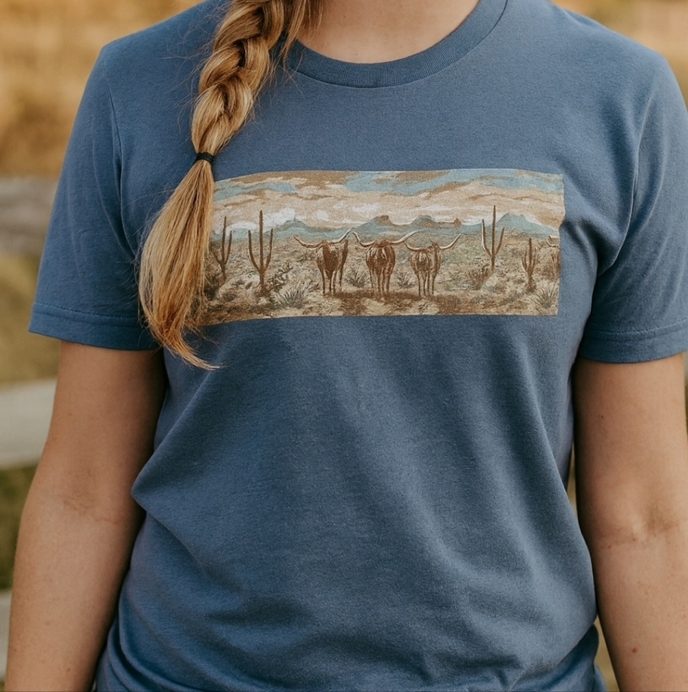 Desert Longhorn Western Tee • Southwestern Cattle Graphic Shirt • Cowgirl - Picture 8 of 16